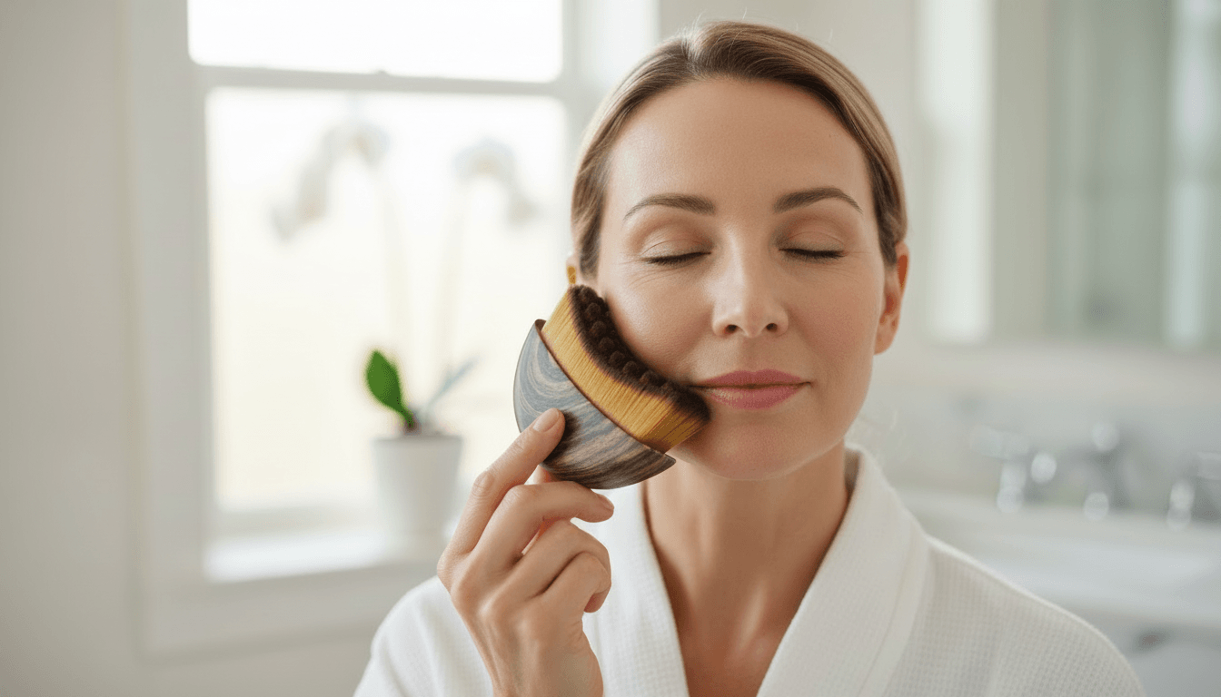 Femme pratiquant un drainage lymphatique du visage avec une brosse Image